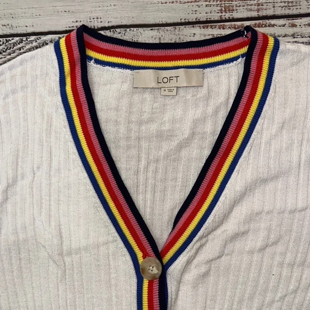 LOFT White Ribbed Cardigan with Colorful Trim Lightweight Sz. M - Picture 2 of 6